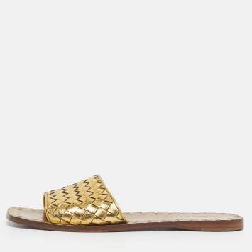 Pre Owned Bottega Veneta Gold Intrecciato Leather Veneta Flats slide Size 36.5