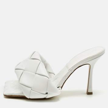 Pre Owned Bottega Veneta White Leather Lido Slide Sandals Size 38