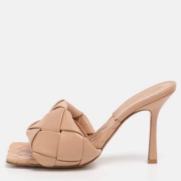 Pre Owned Bottega Veneta Beige Intrecciato Leather Lido Slides Size 38.5