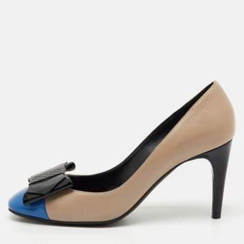 Pre Owned Bottega Veneta Tri Color Leather and Patent Cap Toe Bow Pumps Size 38
