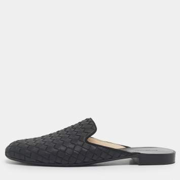 Pre Owned Bottega Veneta Black Leather Intrecciato Mules Size 36