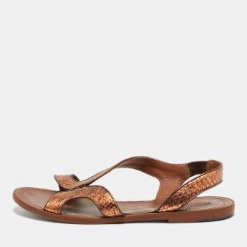 Pre Owned Bottega Veneta Metallic  Bronze Snakeskin Leather Ankle Strap Flats Size 40