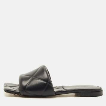 Pre Owned Bottega Veneta Black Leather Flat Sandals Size 38.5