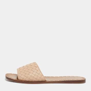 Pre Owned Bottega Veneta Beige Intrecciato Leather Flat Slides Size 40