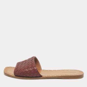 Pre Owned Bottega Veneta Burgundy Intrecciato Leather Flat Slides Size 40