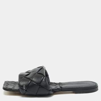 Pre Owned Bottega Veneta Black Woven Leather Flat Slides Size 42