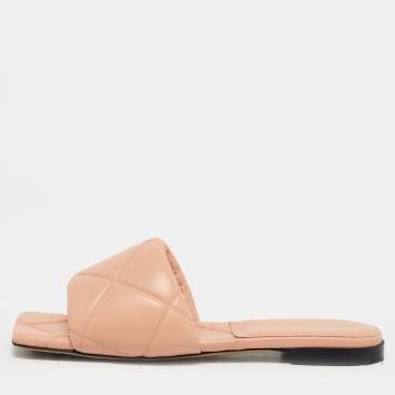 Pre Owned Bottega Veneta Orange Quilted Leather Lido Flat Slides Size 37