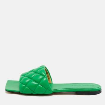 Pre Owned Bottega Veneta Green Intrecciato Leather Lido Flat Slide Sandals Size 37