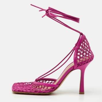 Pre Owned Bottega Veneta Pink Leather and Stretch Mesh Wrap Around Pumps Size 35.5