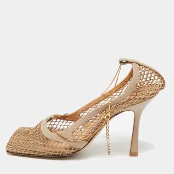 Pre Owned Bottega Veneta Beige Mesh and Leather Chain Stretch Pumps Size 38