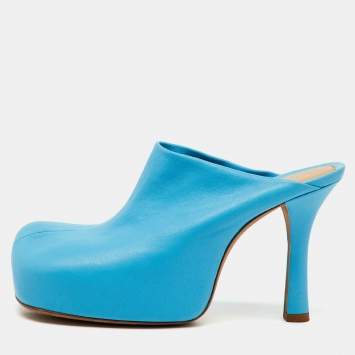 Pre Owned Bottega Veneta Blue Leather Stretch The Bold Mules Size 36