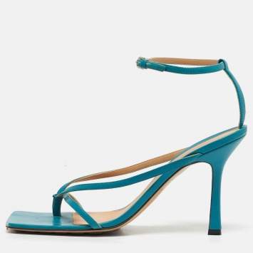 Pre Owned Bottega Veneta Blue Leather Stretch Ankle Strap Sandals Size 39