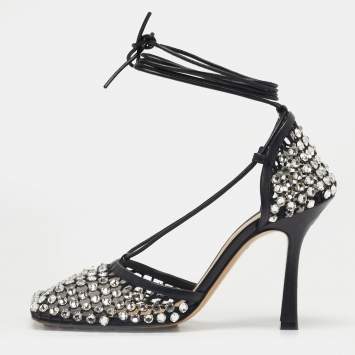 Pre Owned Bottega Veneta Black Leather and Stretch Mesh Wrap Around Pumps Size 38
