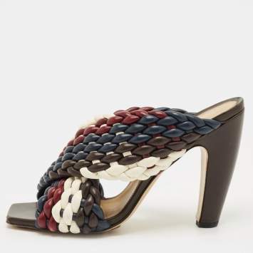 Pre Owned Bottega Veneta Multicolor Woven Leather Slide Sandals Size 39