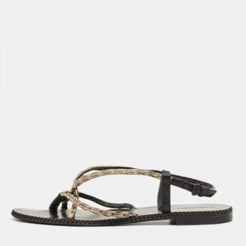 Pre Owned Bottega Veneta White/Black Leather Strappy Thong Sandals Size 41