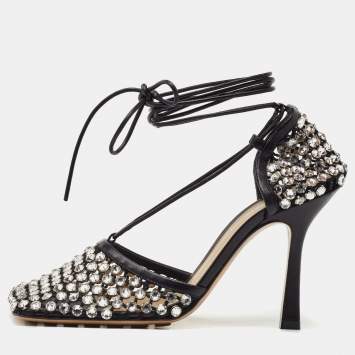Pre Owned Bottega Veneta Black Leather Sparkle Stretch Ankle Tie Up Sandals Size 36.5
