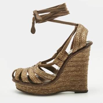 Pre Owned Bottega Veneta Brown Raffia Ankle Wrap Wedge Sandals Size 38