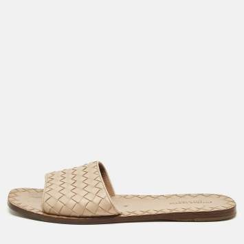 Pre Owned Bottega Veneta Beige Intrecciato Leather Slide Sandals Size 36.5