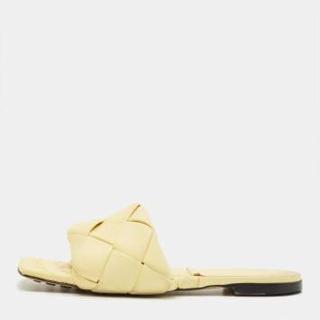 Pre Owned Bottega Veneta Yellow Intrecciato Leather Lido Flat Sandals Size 39.5