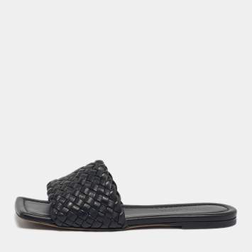 Pre Owned Bottega Veneta Black Intrecciato Leather Flat Sandals Size 36