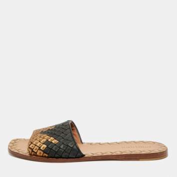 Pre Owned Bottega Veneta Black/Gold Intrecciato Leather Flat Sandals Size 38