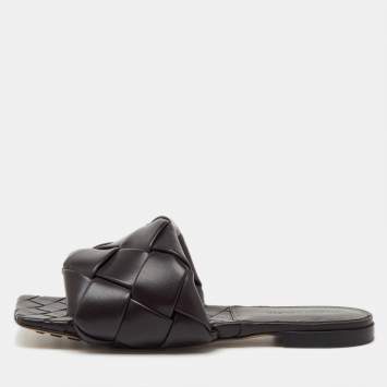 Pre Owned Bottega Veneta Dark Brown Leather Lido Flat Slide Sandals Size 36.5