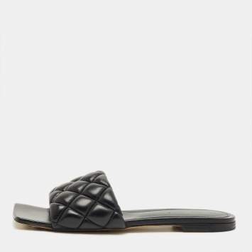 Pre Owned Bottega Veneta Black Intrecciato Leather Lido Flat Slide Sandals Size 38