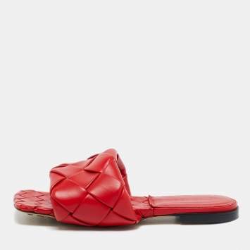 Pre Owned Bottega Veneta Lido Size 38 Red Intrecciato Leather Flat Slide
