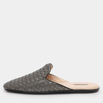Pre Owned Bottega Veneta Fiandra Size 41 Silver Intrecciato Leather Flat Mules