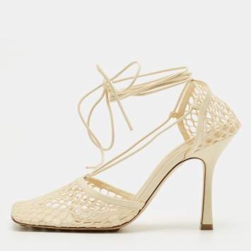 Pre Owned Bottega Veneta Stretch Size 40 Cream Leather and Mesh Ankle Strap Sandals