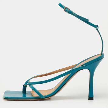 Pre Owned Bottega Veneta Stretch Size 40 Blue Leather Ankle Strap Sandals