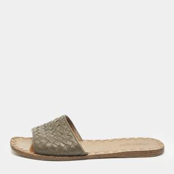 Pre Owned Bottega Veneta Size 37.5 Dark Brown Intrecciato Leather Flat Slide