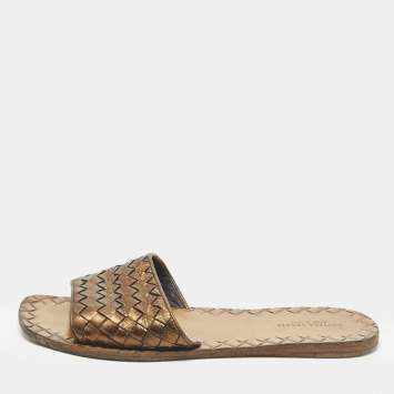 Pre Owned Bottega Veneta Size 38 Metallic Intrecciato Leather Flat Slide