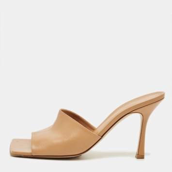 Pre Owned Bottega Veneta Stretch Size 40.5 Beige Leather Slide Sandals