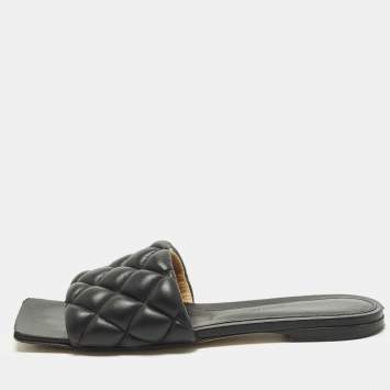 Pre Owned Bottega Veneta Lido Size 36.5 Black Leather Flat Slides