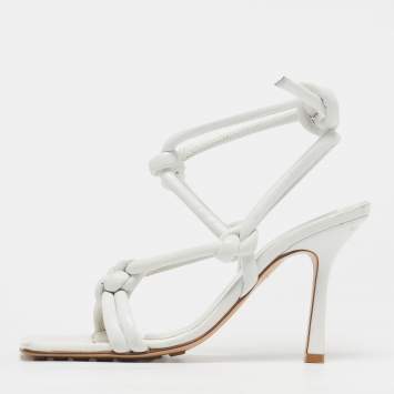 Pre Owned Bottega Veneta Knot Size 38 White Leather Ankle Strap Sandals