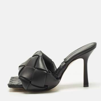 Pre Owned Bottega Veneta Lido Size 37 Black Intrecciato Leather Slide Sandals