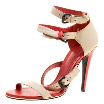 Pre Owned Bottega Veneta Cream Leather Ankle Strap Sandals Size 38.5