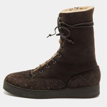 Pre Owned Bottega Veneta Intrecciato Size 39 Dark Brown Suede Shearling Lace Up Ankle Length Boots
