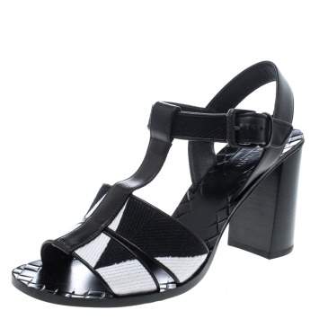 Pre Owned Bottega Veneta Black/White Canvas And Leather T-Strap Sandals Size 39.5