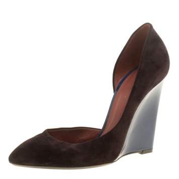Pre Owned Bottega Veneta Two Tone Suede and Patent Leather Cut Out Wedge Pumps Size 38.5