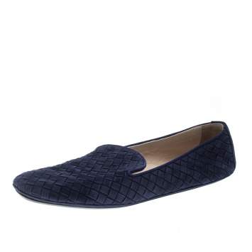 Pre Owned Bottega Veneta Blue Intrecciato Suede Smoking Slippers Size 38.5