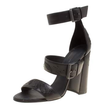 Pre Owned Bottega Veneta Black Leather Embroidery Stitch Detail Block Heel Ankle Strap Sandals Size 37.5