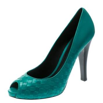 Pre Owned Bottega Veneta Green Leather Intrecciato Peep Toe Platform Pumps Size 41