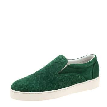 Pre Owned Bottega Veneta Green Intrecciato Suede Slip On Sneakers Size 39