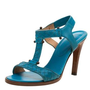 Pre Owned Bottega Veneta Blue Intrecciato Leather T Strap Sandals Size 37