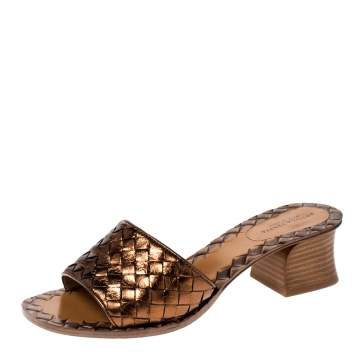 Pre Owned Bottega Veneta Metallic Brown Leather Intrecciato Sandals Size 36