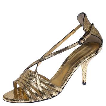 Pre Owned Bottega Veneta Metallic Gold Crackled Leather Strappy Sandals Size 39.5