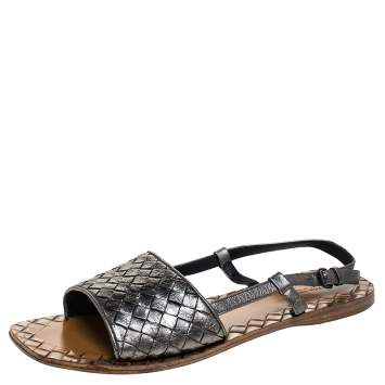 Pre Owned Bottega Veneta Metallic Intreciatto Leather Calvados Slingback Sandals Size 38