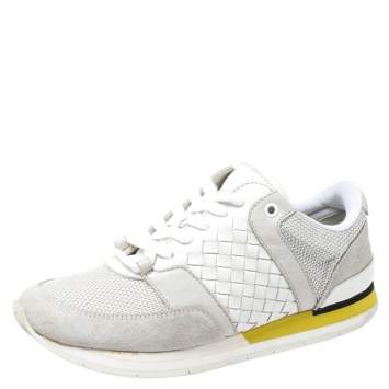 Pre Owned Bottega Veneta White Intrecciato Leather, Mesh and Suede Lace Up Sneakers Size 39.5